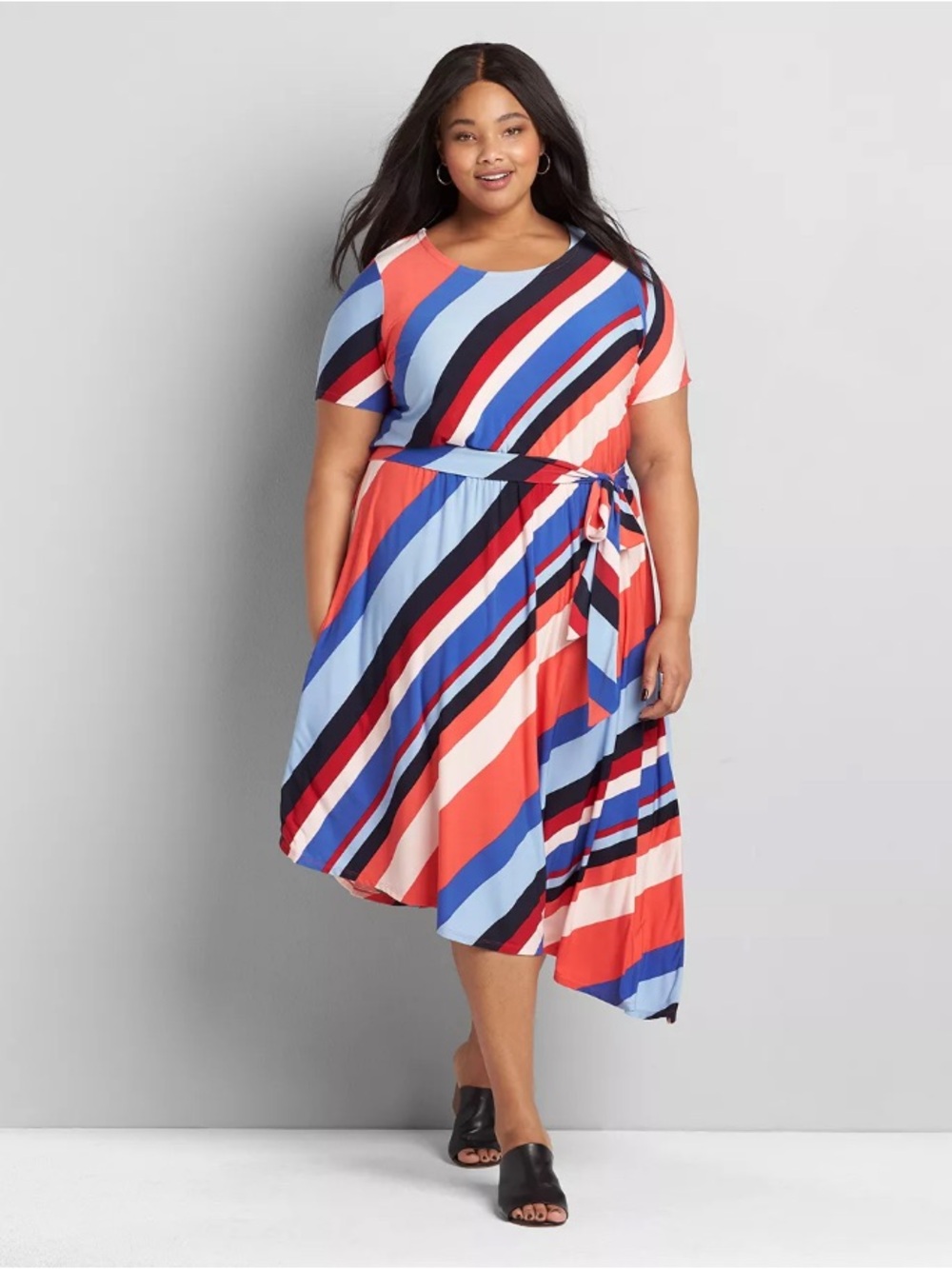 Lane Bryant Coral, Light Blue & Navy Striped Tie-Waist Midi Dress Sz 14/16